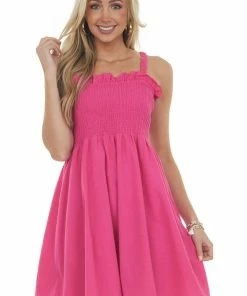 Davi & Dani Magenta Smocked Criss Cross Back Woven Dress