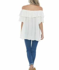 143 Story Tops Ivory Off The Shoulder Metallic Thread Blouse