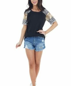 BiBi Black Waffle Knit Top With Leopard And Sequin Contrast Tops