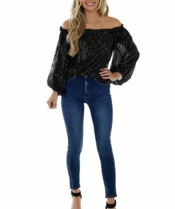 Vine & Love Black Sequined Off The Shoulder Blouse Tops