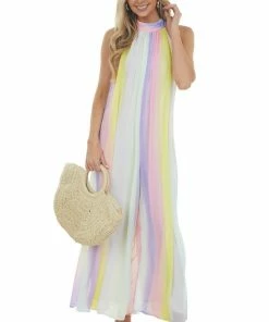 Entro Rainbow Wide Leg Sleeveless Halter Jumpsuit Dresses