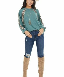 Cotton Bleu Pine Green And Leopard Print Colorblock Long Sleeve Top Tops