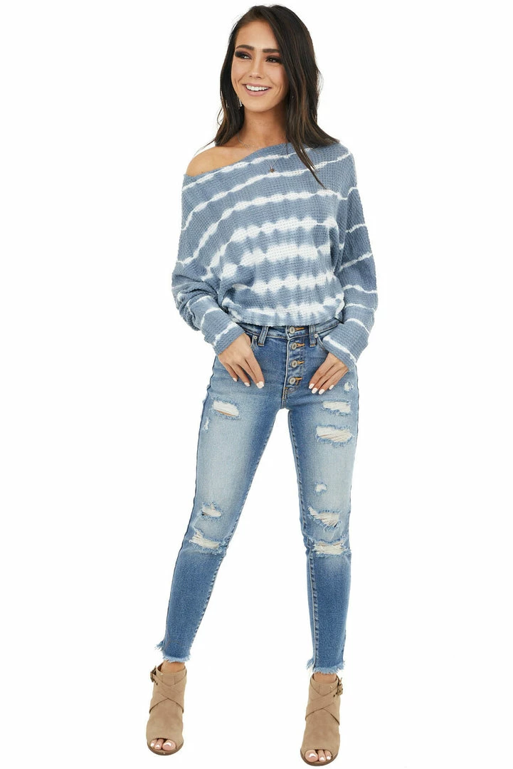 She + Sky Slate Blue Tie Dye Waffle Knit Top With Dolman Sleeves Tops 15 She + Sky Slate Blue Tie Dye Waffle Knit Top With Dolman Sleeves Tops