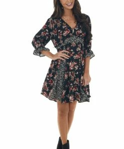 Umgee Black Mixed Floral Print V Neck Short Dress Dresses