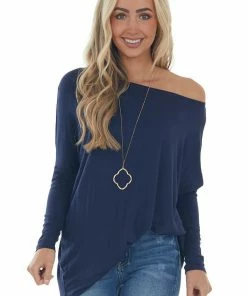 FSL APPAREL Navy Long Sleeve Stretchy Knit Top With Boat Neckline 26 FSL APPAREL Navy Long Sleeve Stretchy Knit Top With Boat Neckline
