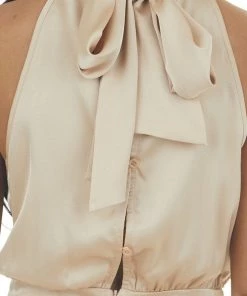 Entro Champagne Sequin And Satin Mock Neck Dress Dresses