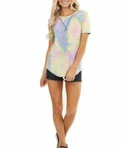 7th Ray Tops Multicolor Tie Dye Short Sleeve Top With Rounded Neckline