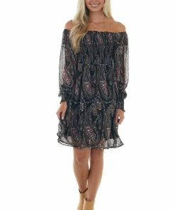 143 Story Black Paisley Print Smocked Woven Short Dress