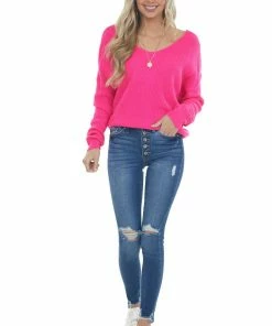 Lime Lush Hot Pink Twist Back Thick Ribbed Knit Sweater Tops 31 Lime Lush Hot Pink Twist Back Thick Ribbed Knit Sweater Tops