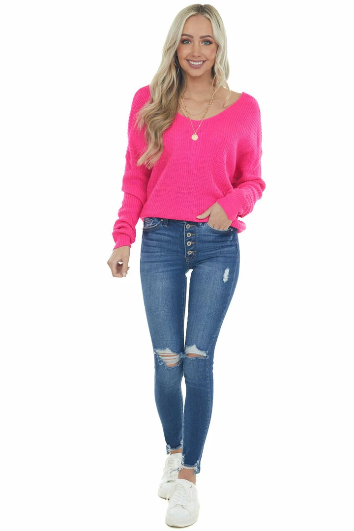 Lime Lush Hot Pink Twist Back Thick Ribbed Knit Sweater Tops 14 Lime Lush Hot Pink Twist Back Thick Ribbed Knit Sweater Tops