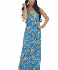 Lush Clothing Cobalt Blue Leaf Print Maxi Dress With Straps Dresses