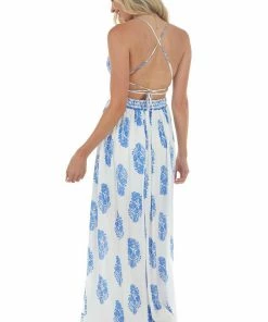 Dress Day Dresses Ivory And Cobalt Blue Floral Print Maxi Dress