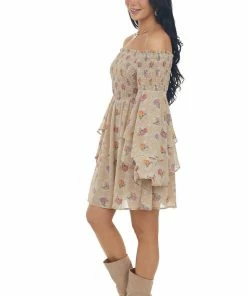 Jodifl Dresses Latte Floral Print Long Sleeve Off The Shoulder Dress