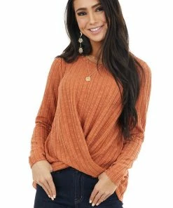 Les Amis Rust Long Sleeve Ribbed Top With Twisted Hem Detail