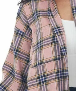 Fantastic Fawn Tops Baby Pink Plaid Collared Chest Pocket Flannel