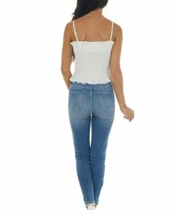BiBi Ivory Smocked Front Tie Cropped Tank Top