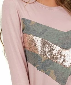 American Chic Dusty Blush Long Sleeve Top With Sequin And Camo Details