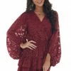 Peach Love Dresses Wine And Gold Metallic Texture Surplice Dress