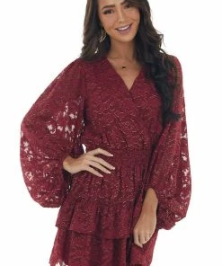 Peach Love Dresses Wine And Gold Metallic Texture Surplice Dress