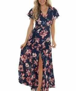 ROKOKO Navy Floral Print Wrap Maxi Dress With Tie Dresses
