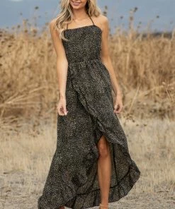 EPretty Black Abstract Print Open Back Dress With Ruffle Detail Dresses