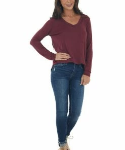 143 Story Wine Exposed Stitch Chest Pocket Knit Top Tops