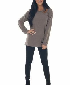 BiBi Coffee French Terry Laser Cut Out Knit Top Tops