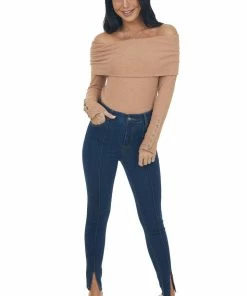 Doe & Rae Tops Dark Apricot Ribbed Knit Folded Off The Shoulder Top