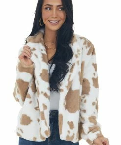 BiBi Latte And Off White Cow Print Faux Fur Jacket