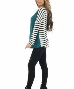 Lovely Melody Pine And Ivory Striped Long Sleeve Top With Solid Front
