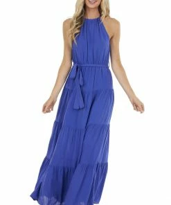 Bluivy Indigo Halter Neck Tiered Maxi Dress With Tie Detail Dresses