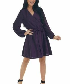 Andree Dresses Indigo Metallic Threaded Surplice Knit Dress