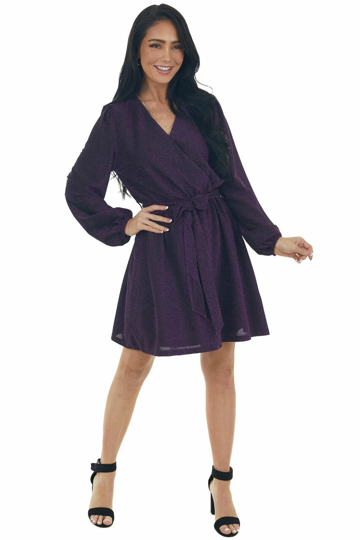 Andree Dresses Indigo Metallic Threaded Surplice Knit Dress 4 Andree Dresses Indigo Metallic Threaded Surplice Knit Dress