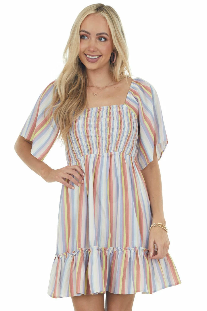 Jodifl Dresses Indigo Multicolor Striped Babydoll Mini Dress 5 Jodifl Dresses Indigo Multicolor Striped Babydoll Mini Dress