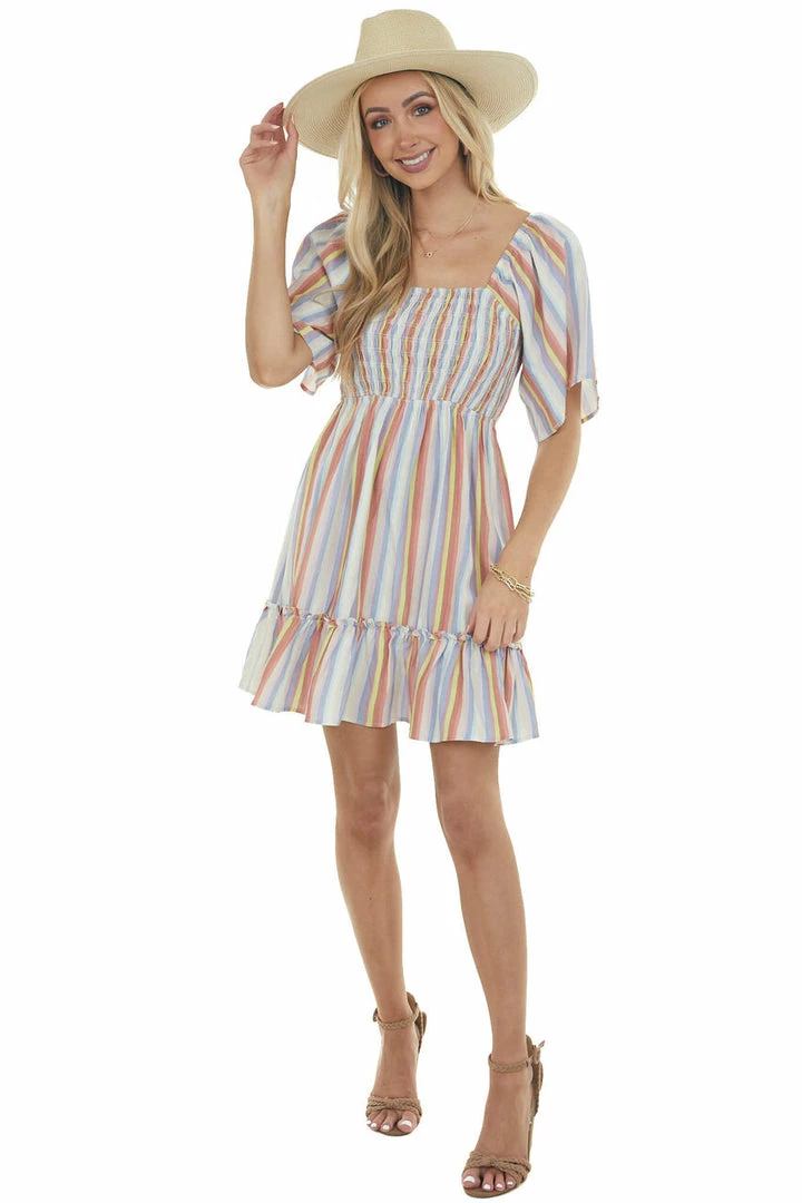 Jodifl Dresses Indigo Multicolor Striped Babydoll Mini Dress 6 Jodifl Dresses Indigo Multicolor Striped Babydoll Mini Dress