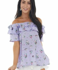 Vine & Love Iris Floral Print Off The Shoulder Swiss Dot Woven Top