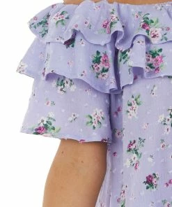 Vine & Love Iris Floral Print Off The Shoulder Swiss Dot Woven Top