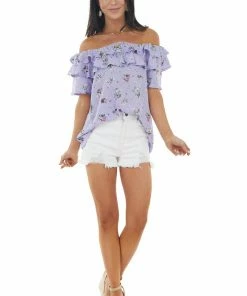 Vine & Love Iris Floral Print Off The Shoulder Swiss Dot Woven Top