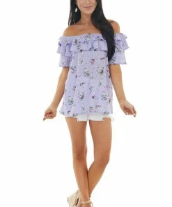 Vine & Love Iris Floral Print Off The Shoulder Swiss Dot Woven Top