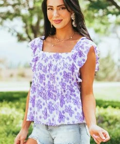 Hailey & Co Tops Iris Floral Print Ruffle Sleeve Tiered Woven Top