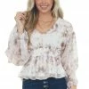 Entro Ivory Abstract Print Bubble Sleeve Blouse Tops
