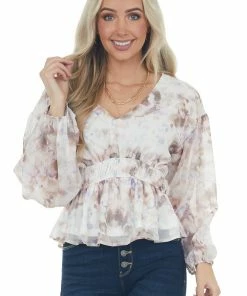 Entro Ivory Abstract Print Bubble Sleeve Blouse Tops