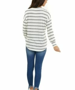 Staccato Ivory And Black Striped Knit Top With Long Sleeves Tops