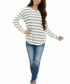 Staccato Ivory And Black Striped Knit Top With Long Sleeves Tops