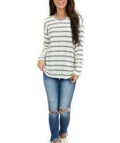 Staccato Ivory And Black Striped Knit Top With Long Sleeves Tops