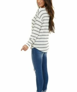 Staccato Ivory And Black Striped Knit Top With Long Sleeves Tops
