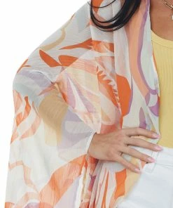 Entro Ivory And Burnt Orange Printed Sheer Kimono Tops