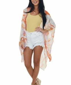 Entro Ivory And Burnt Orange Printed Sheer Kimono Tops