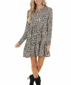 Jodifl Ivory And Camel Leopard Print Babydoll Dress With Ruffle Hem Dresses