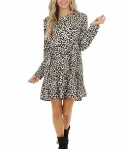 Jodifl Ivory And Camel Leopard Print Babydoll Dress With Ruffle Hem Dresses